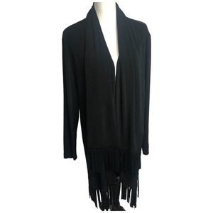 Chico's Travelers Long Line Black‎ Fringe Hem and Scarf Cardigan Jacket Sz 1 (M)